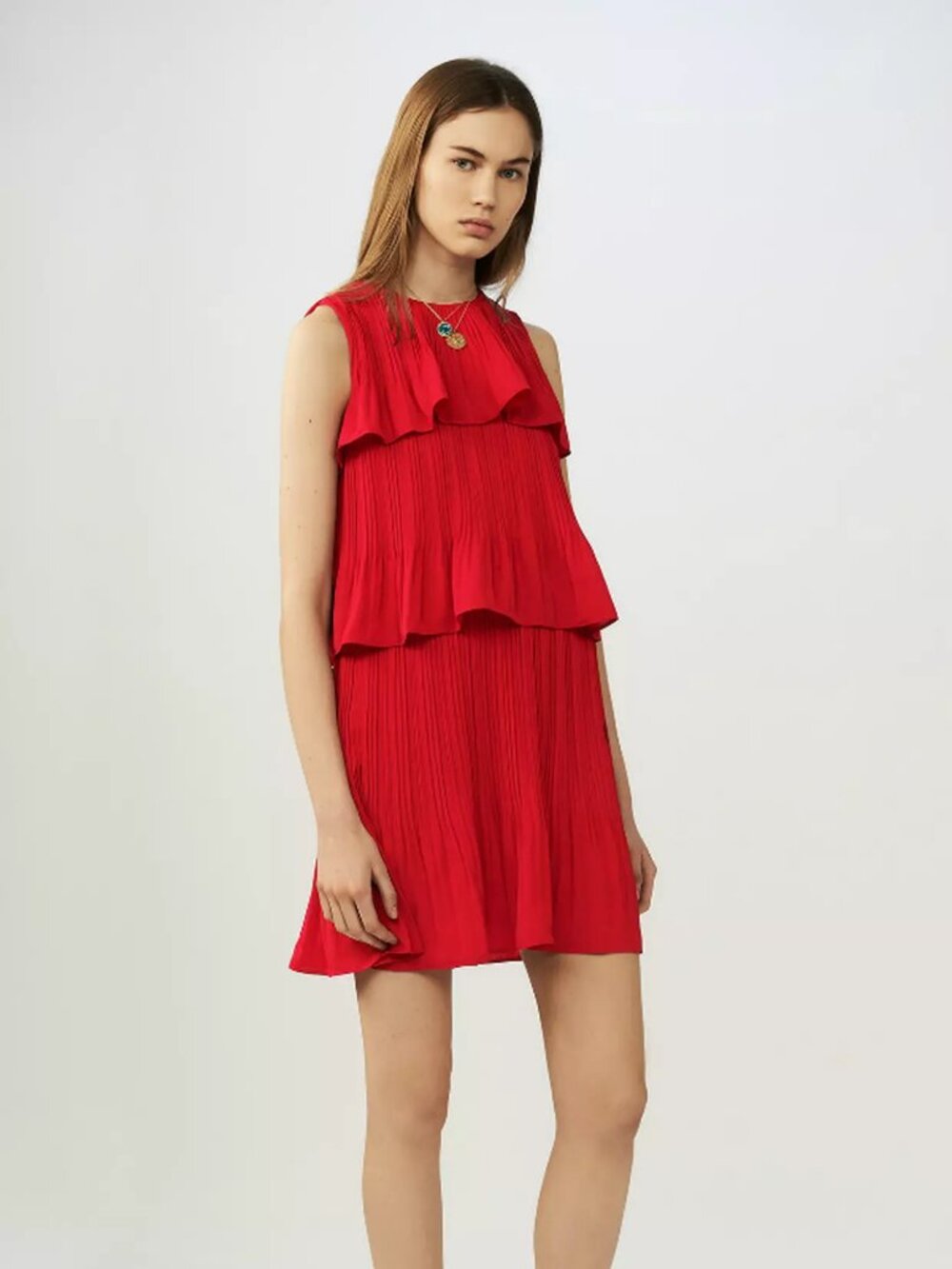 Maje Rockano Red Tiered Pleated Dress - S-M (WORN ONCE)